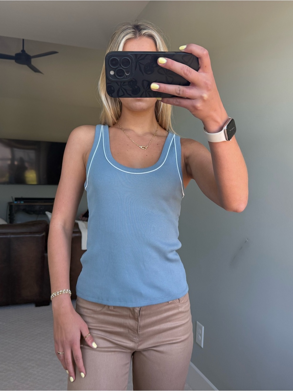 Blue Scoop Neck Tank Top with Contrast Trim - Women